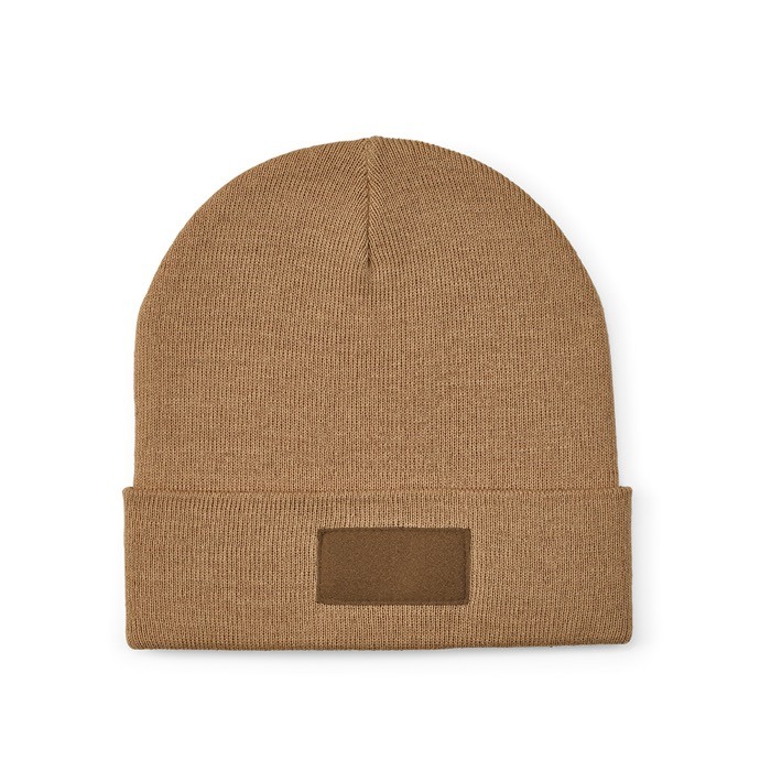 Gorro de lana y RPET con parche personalizable y pliegue original color camel vista frontal Gorro de lana y RPET con parche personalizable y pliegue original color camel vista frontal
