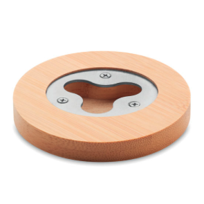 Abrebotellas con posavasos de bambú color madera segunda vista