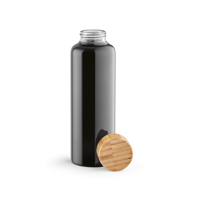 Botella de vidrio con tapón de bambú a prueba de fugas 490ml color negro segunda vista Botella de vidrio con tapón de bambú a prueba de fugas 490ml color negro segunda vista