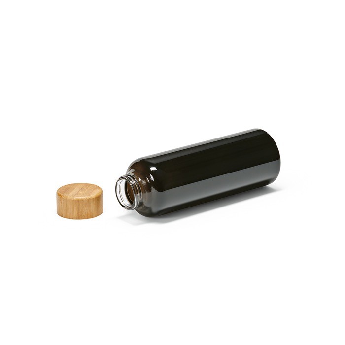 Botella de vidrio con tapón de bambú a prueba de fugas 490ml color negro tercera vista Botella de vidrio con tapón de bambú a prueba de fugas 490ml color negro tercera vista