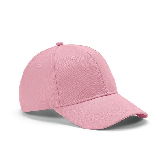 Gorra de algodón reciclado de 6 paneles con hebilla metálica 280 g/m2 color rosa