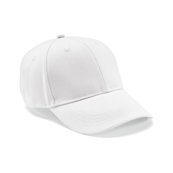 Gorra de algodón reciclado de 6 paneles con hebilla metálica 280 g/m2 color blanco