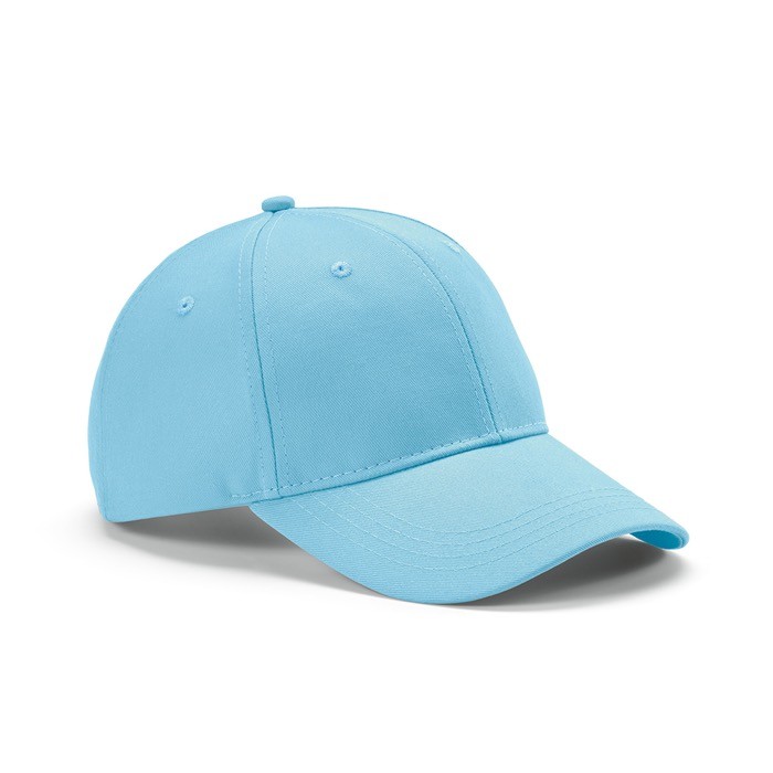 Gorra de algodón reciclado de 6 paneles con hebilla metálica 280 g/m2 color azul claro
