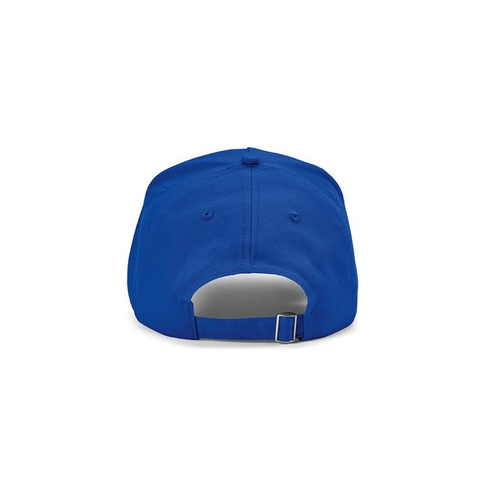 Gorra de algodón reciclado con hebilla trasera y 5 paneles 280 g/m2 color azul vista trasera