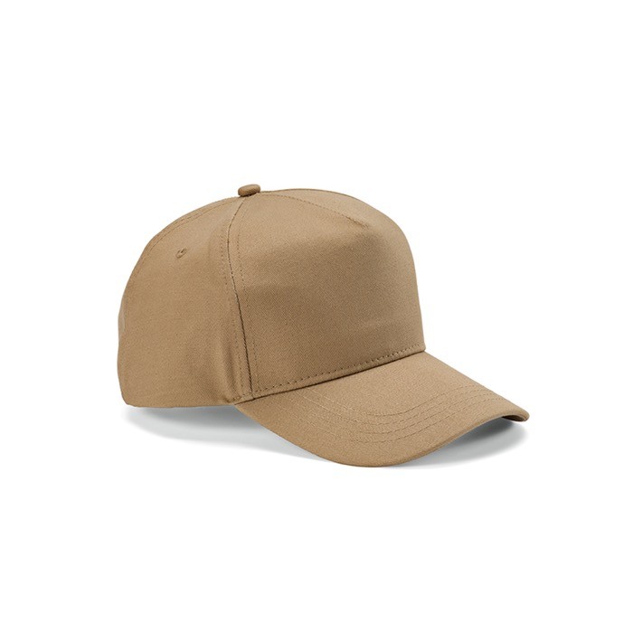 Gorra de algodón reciclado con hebilla trasera y 5 paneles 280 g/m2 color camel