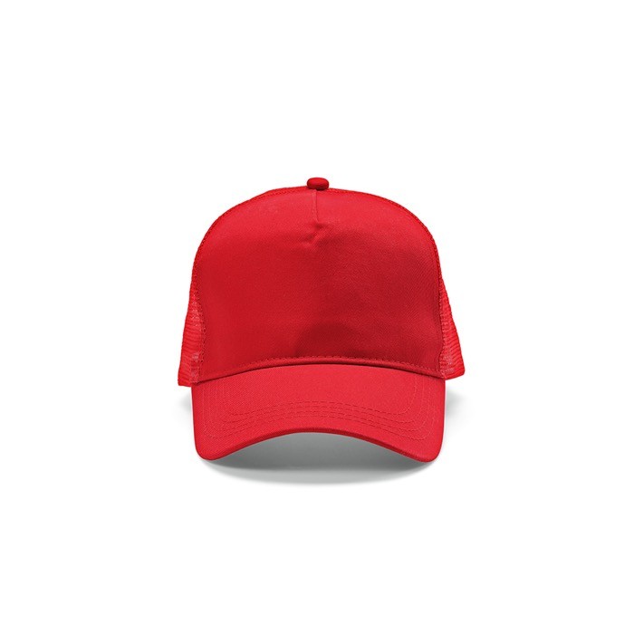 Gorra de algodón reciclado de 5 paneles con malla trasera 220 g/m2 color rojo vista frontal