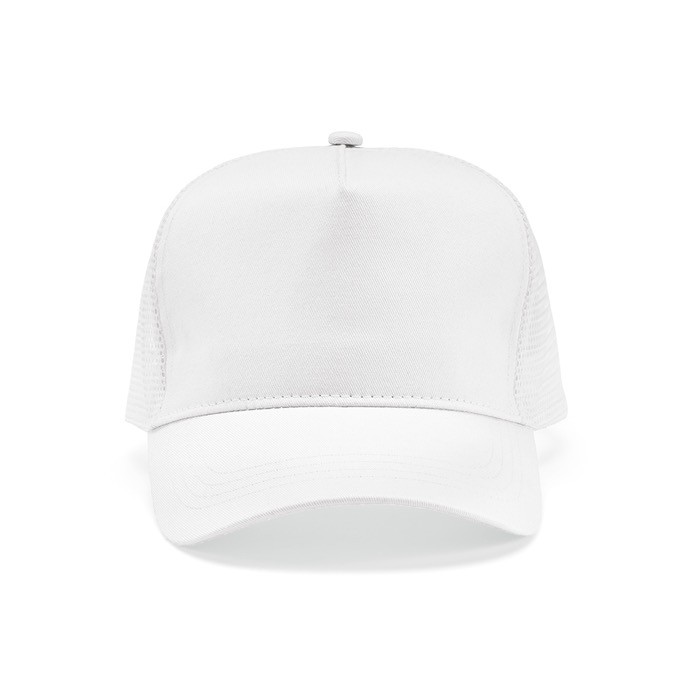 Gorra de algodón reciclado de 5 paneles con malla trasera 220 g/m2 color blanco vista frontal