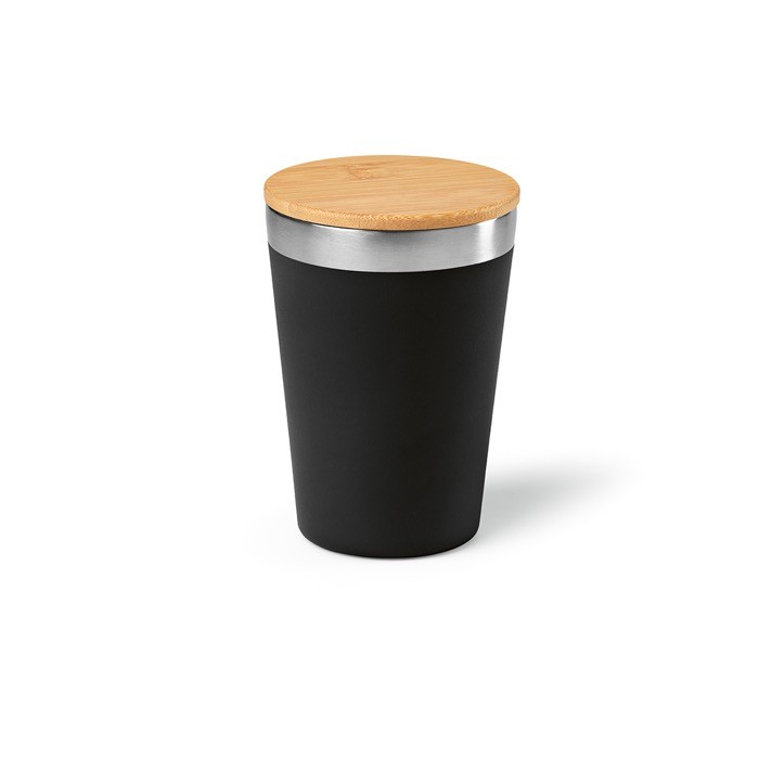 Vaso térmico de acero inoxidable reciclado con tapa de bambú 300ml color negro Vaso térmico de acero inoxidable reciclado con tapa de bambú 300ml color negro
