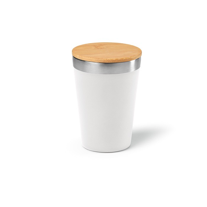 Vaso térmico de acero inoxidable reciclado con tapa de bambú 300ml color blanco Vaso térmico de acero inoxidable reciclado con tapa de bambú 300ml color blanco