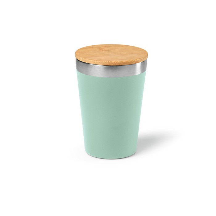 Vaso térmico de acero inoxidable reciclado con tapa de bambú 300ml color verde pastel Vaso térmico de acero inoxidable reciclado con tapa de bambú 300ml color verde pastel