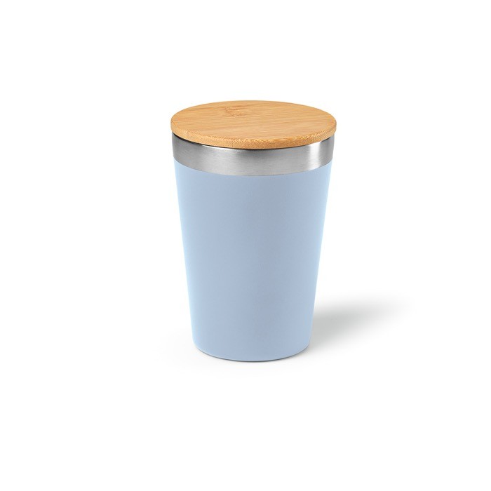 Vaso térmico de acero inoxidable reciclado con tapa de bambú 300ml color azul jaspeado Vaso térmico de acero inoxidable reciclado con tapa de bambú 300ml color azul jaspeado