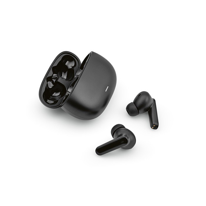 Auriculares de materiales reciclados en funda con batería recargable color negro segunda vista Auriculares de materiales reciclados en funda con batería recargable color negro segunda vista