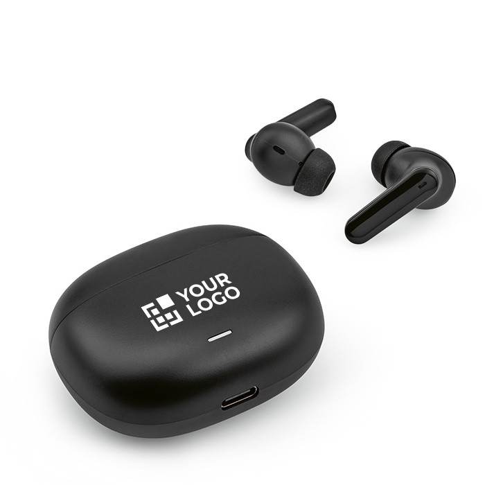 Auriculares de materiales reciclados en funda con batería recargable vista principal Auriculares de materiales reciclados en funda con batería recargable vista principal