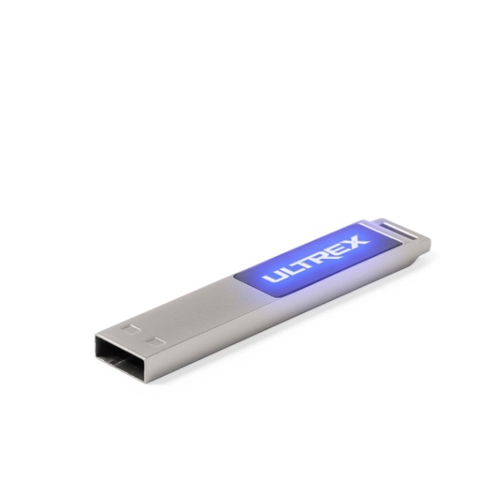 USB de metal plano con logo iluminado vista tercera