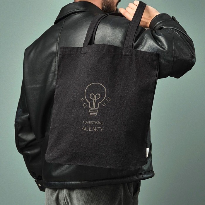 Bolsa de algodón reciclado y RPET con asas largas 220 g/m2 color negro con logo