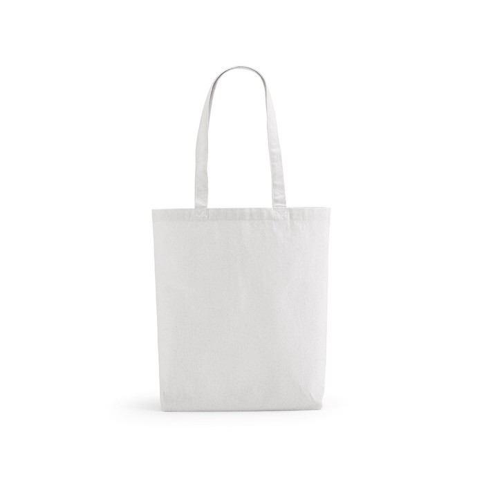 Bolsa de algodón y poliéster reciclado con asas largas 280 g/m2 color blanco vista frontal