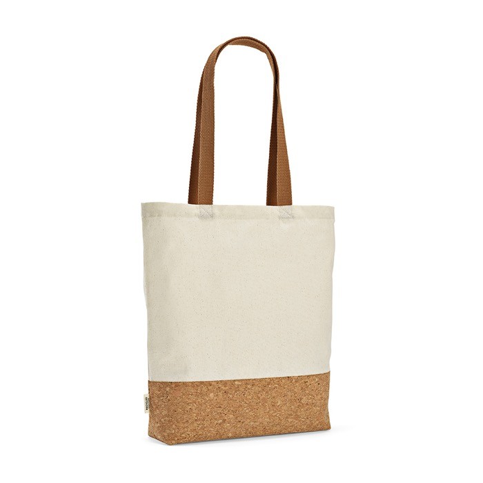 Bolsa de algodón reciclado con asas largas y fondo de corcho 180 g/m2 color natural Bolsa de algodón reciclado con asas largas y fondo de corcho 180 g/m2 color natural