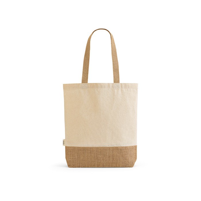 Bolsa de compras de algodón reciclado con base de yute 180 g/m2 color natural vista frontal Bolsa de compras de algodón reciclado con base de yute 180 g/m2 color natural vista frontal