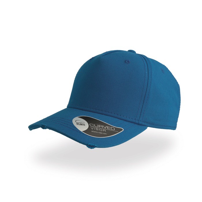 Gorra de algodón destruido con 5 paneles y cierre con hebilla color azul Gorra de algodón destruido con 5 paneles y cierre con hebilla color azul