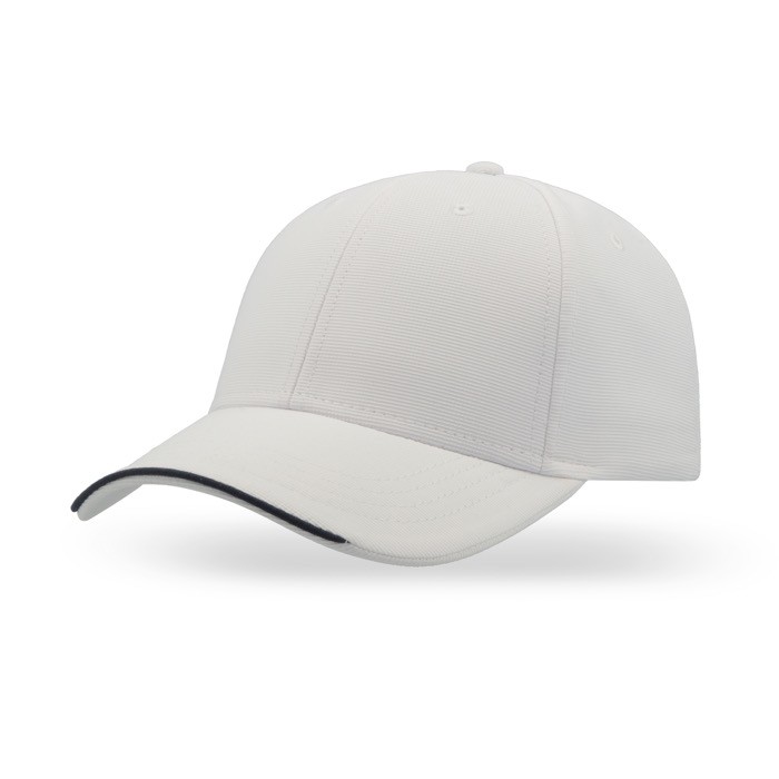 Gorra de poliéster reciclado con 6 paneles y visera con ribete color blanco