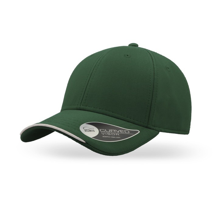 Gorra de poliéster reciclado con 6 paneles y visera con ribete color verde oscuro
