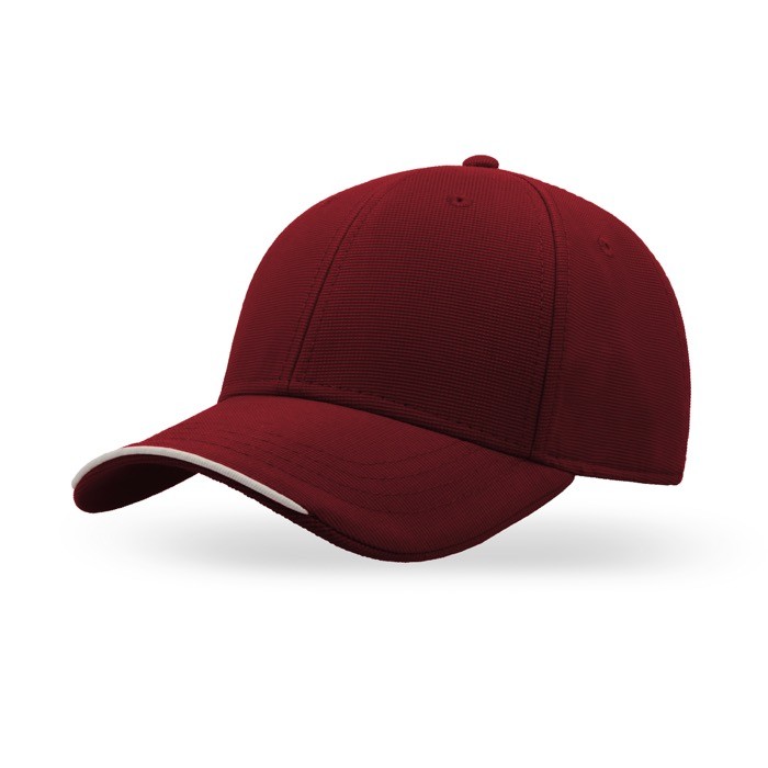 Gorra de poliéster reciclado con 6 paneles y visera con ribete color burdeos