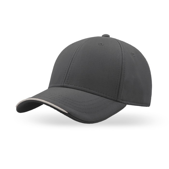 Gorra de poliéster reciclado con 6 paneles y visera con ribete color gris oscuro