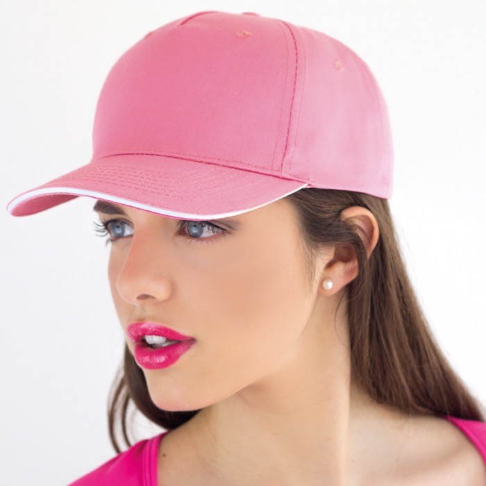 Gorra de algodón ligero con visera de contraste de color 160 g/m2 color rosa claro vista 1 Gorra de algodón ligero con visera de contraste de color 160 g/m2 color rosa claro vista 1