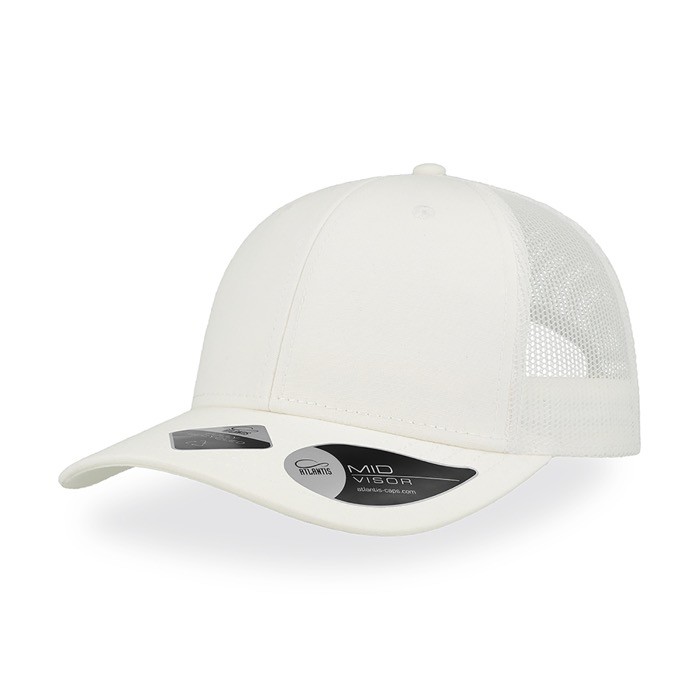 Gorra de algodón reciclado de 6 paneles y malla tarsera 250 g/m2 color blanco
