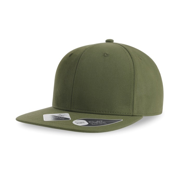Gorra de poliéster reciclado con visera plana y 6 paneles 200 g/m2 color verde oliva