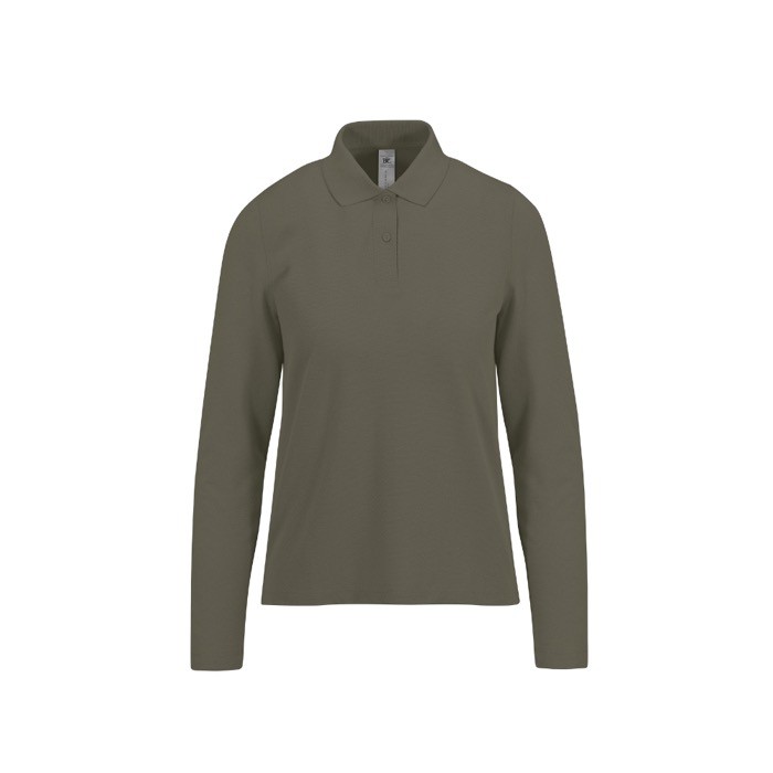 Polo clásico de algodón pique para mujer manga larga 180 g/m2 B&C color verde militar Polo clásico de algodón pique para mujer manga larga 180 g/m2 B&C color verde militar