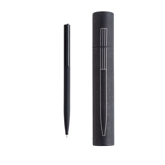 Bolígrafo elegante y fino de latón y acero inoxidable tinta azul color negro vista en caja Bolígrafo elegante y fino de latón y acero inoxidable tinta azul color negro vista en caja