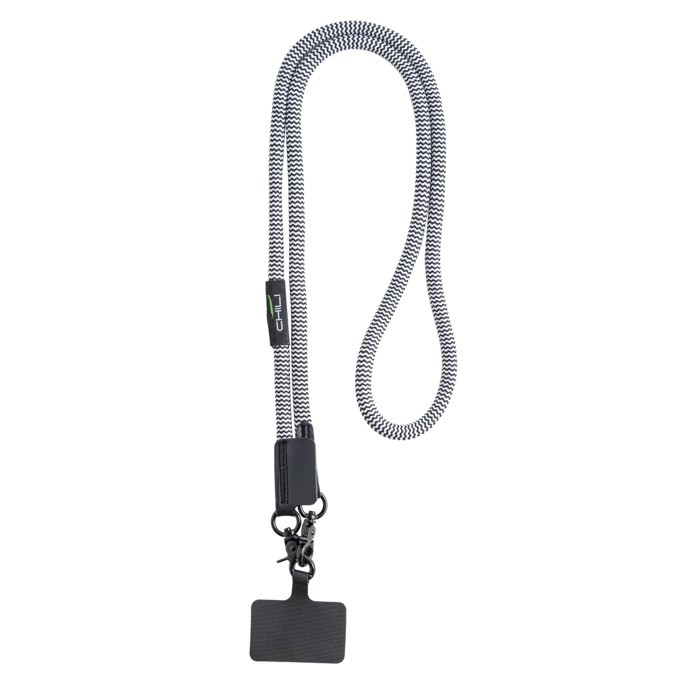 Cordón de RPET con soporte para llevar el móvil y doble mosquetón color blanco/negro vista 3 Cordón de RPET con soporte para llevar el móvil y doble mosquetón color blanco/negro vista 3