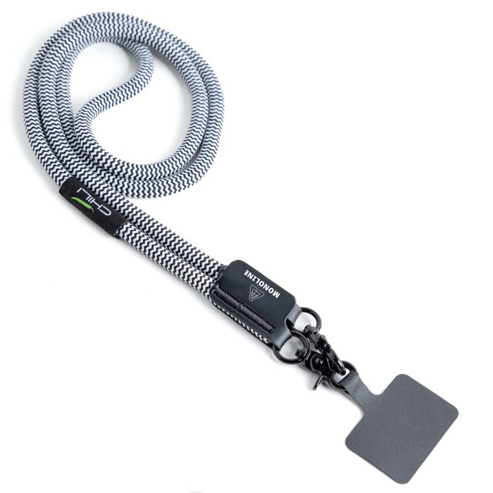 Cordón de RPET con soporte para llevar el móvil y doble mosquetón color blanco/negro vista con logo impreso Cordón de RPET con soporte para llevar el móvil y doble mosquetón color blanco/negro vista con logo impreso