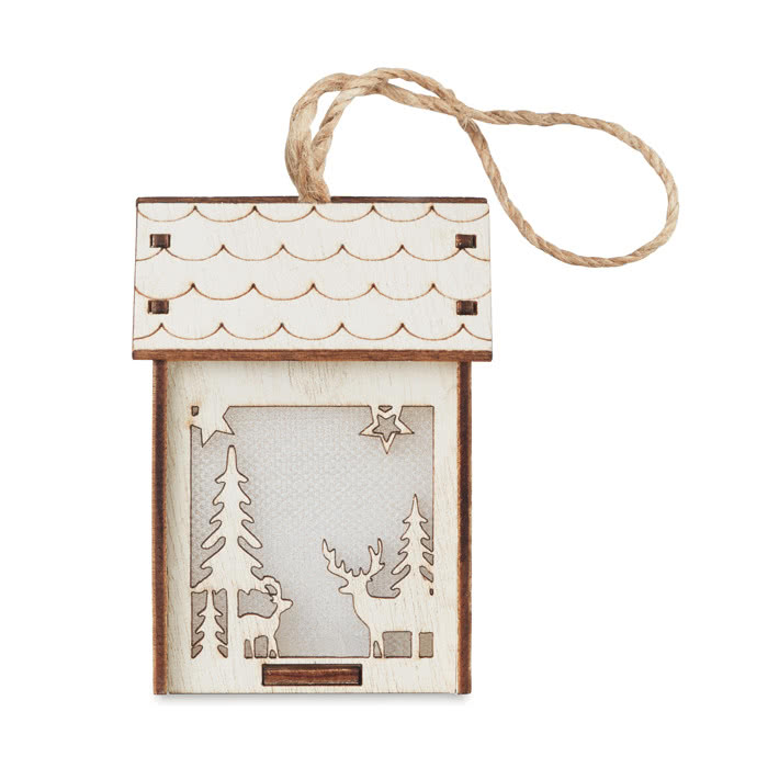 Adorno de navidad en forma de casa color madera cuarta vista