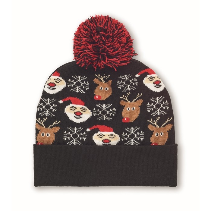 Gorro navideño de punto en suave acrílico elástico con puño y borla color negro Gorro navideño de punto en suave acrílico elástico con puño y borla color negro
