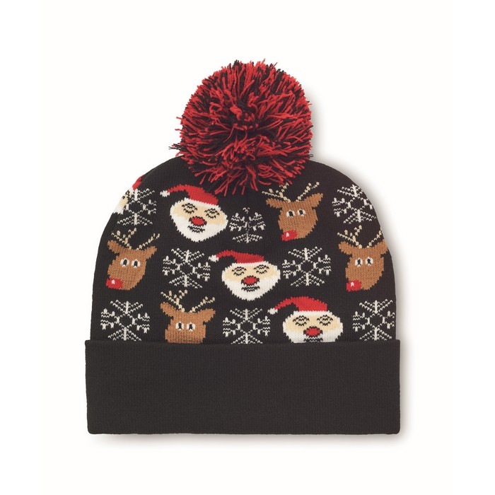 Gorro navideño de punto en suave acrílico elástico con puño y borla color negro segunda vista Gorro navideño de punto en suave acrílico elástico con puño y borla color negro segunda vista