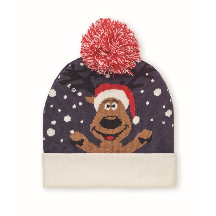 Gorro navideño de punto en suave acrílico elástico con puño y borla color azul Gorro navideño de punto en suave acrílico elástico con puño y borla color azul