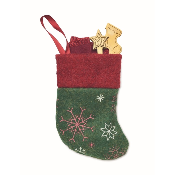 Set de cubiertos y servilleta para postres dentro de bota navideña color multicolor Set de cubiertos y servilleta para postres dentro de bota navideña color multicolor