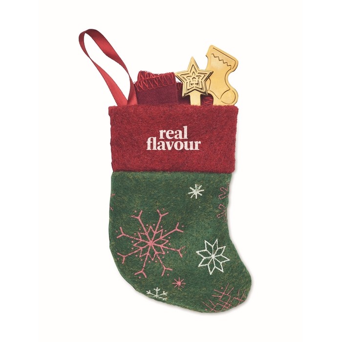 Set de cubiertos y servilleta para postres dentro de bota navideña color multicolor vista principal Set de cubiertos y servilleta para postres dentro de bota navideña color multicolor vista principal