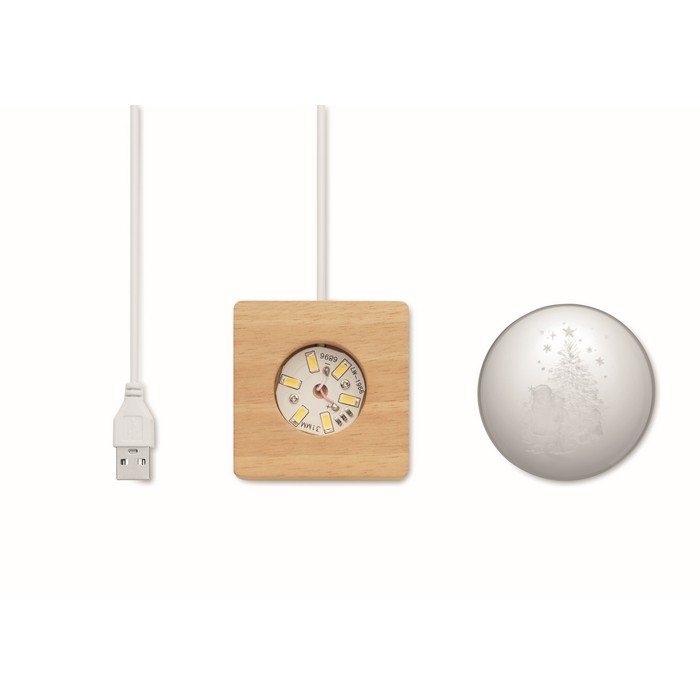 Bola de cristal edición navideña con luz LED sobre base de madera color madera cuarta vista Bola de cristal edición navideña con luz LED sobre base de madera color madera cuarta vista