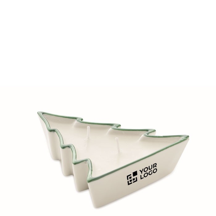 Vela de cera vegetal en soporte con forma de árbol de navidad color verde vista de impresión