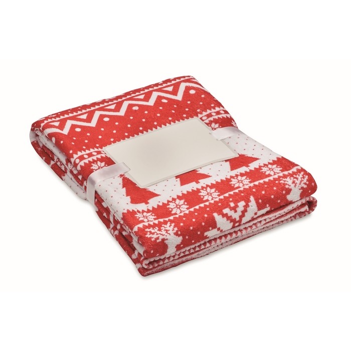 Manta polar de RPET con estampado navideño y tarjeta 190g/m2 color rojo Manta polar de RPET con estampado navideño y tarjeta 190g/m2 color rojo