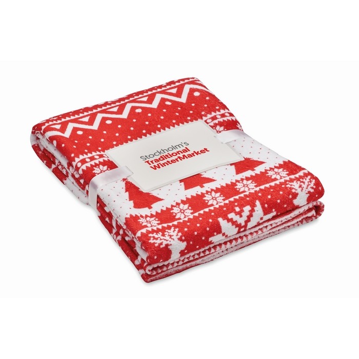 Manta polar de RPET con estampado navideño y tarjeta 190g/m2 color rojo vista principal Manta polar de RPET con estampado navideño y tarjeta 190g/m2 color rojo vista principal