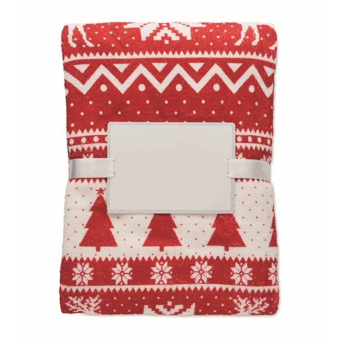 Manta polar de RPET con estampado navideño y tarjeta 190g/m2 color rojo segunda vista Manta polar de RPET con estampado navideño y tarjeta 190g/m2 color rojo segunda vista