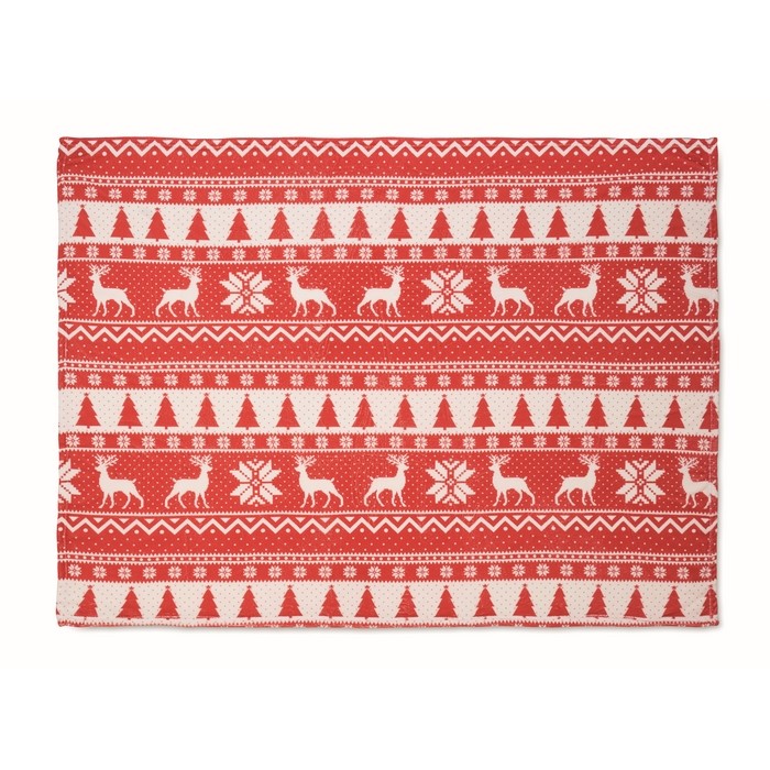 Manta polar de RPET con estampado navideño y tarjeta 190g/m2 color rojo tercera vista Manta polar de RPET con estampado navideño y tarjeta 190g/m2 color rojo tercera vista