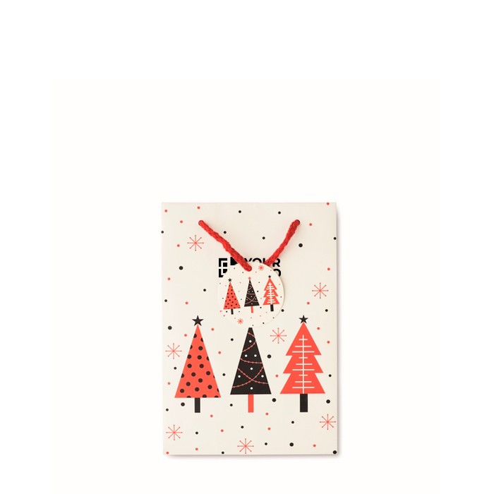 Bolsa de regalo de papel con temática de Navidad tamaño pequeño color blanco vista de impresión Bolsa de regalo de papel con temática de Navidad tamaño pequeño color blanco vista de impresión