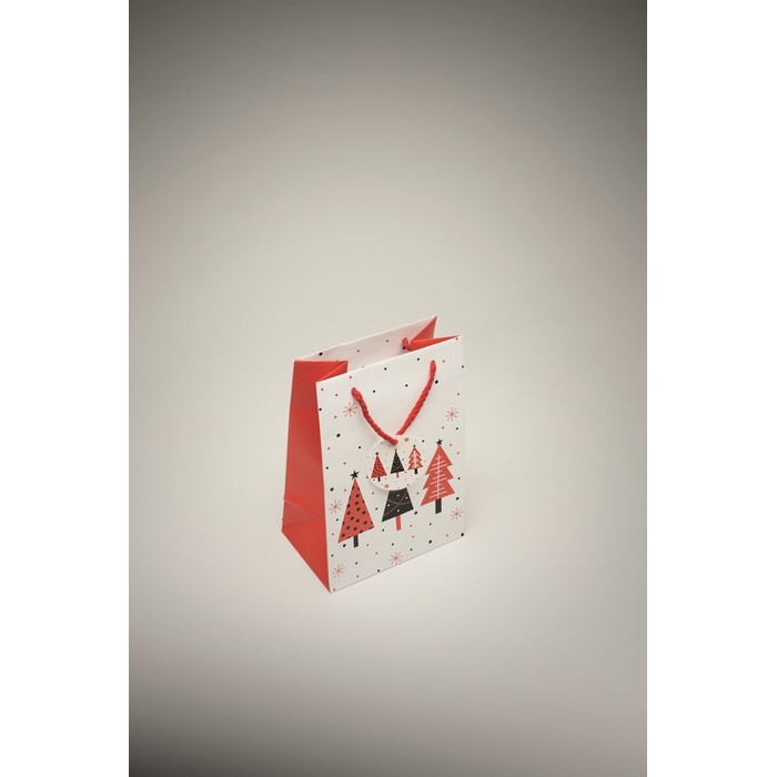 Bolsa de regalo de papel con temática de Navidad tamaño pequeño color blanco vista fotografía cuarta vista Bolsa de regalo de papel con temática de Navidad tamaño pequeño color blanco vista fotografía cuarta vista