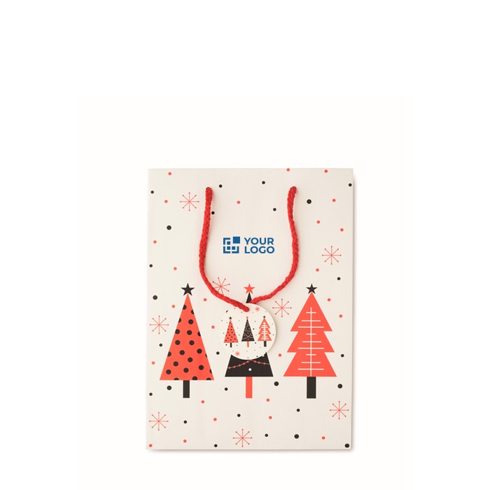 Bolsa de regalo de papel con temática de Navidad tamaño mediano color blanco vista de impresión Bolsa de regalo de papel con temática de Navidad tamaño mediano color blanco vista de impresión