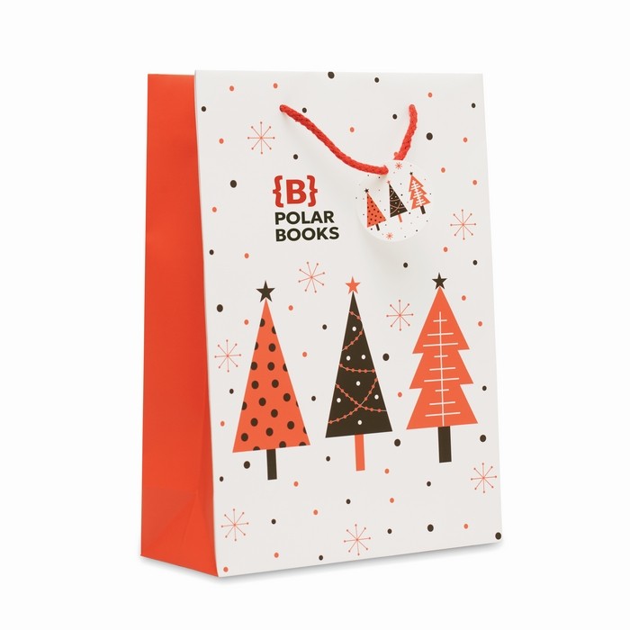 Bolsa de regalo de papel con temática de Navidad tamaño grande color blanco vista principal Bolsa de regalo de papel con temática de Navidad tamaño grande color blanco vista principal